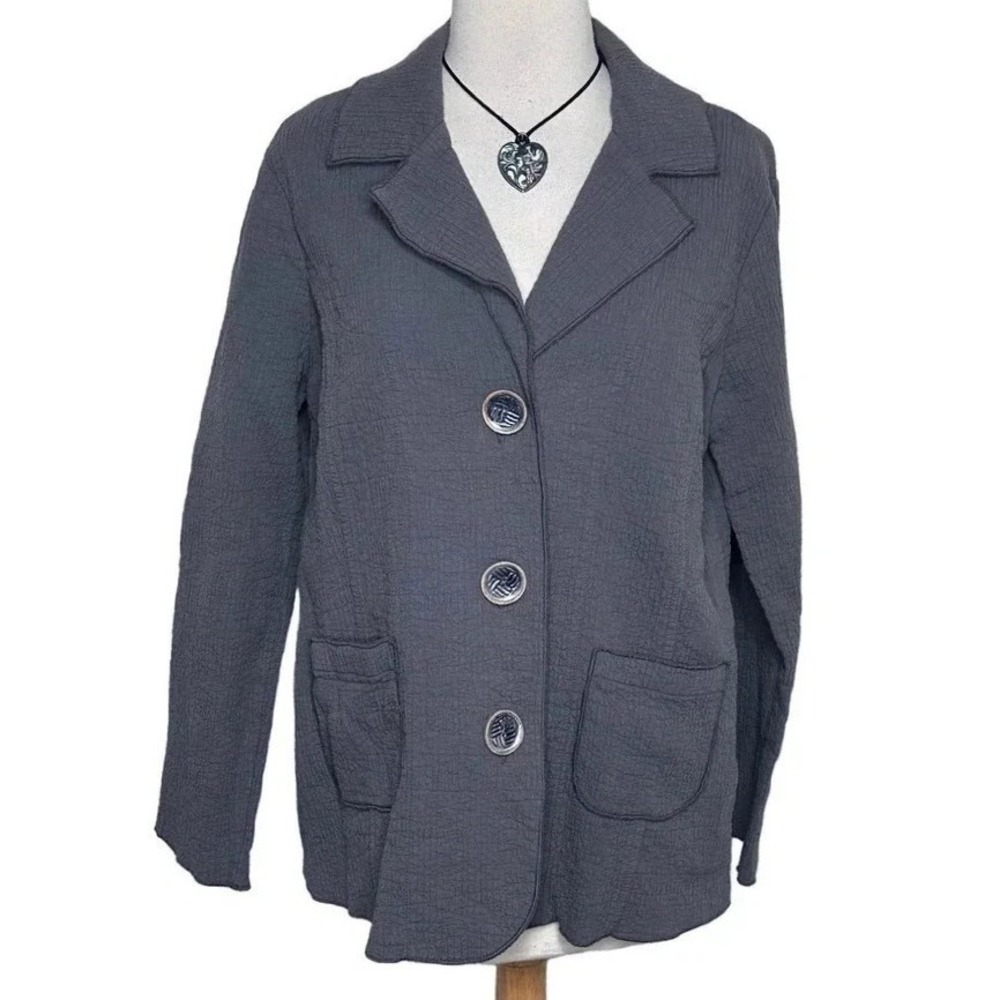 Focus Casual Life‎ Textured Grey Cotton Button Front Blazer Jacket Women Medium